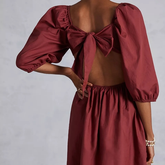 Anthropologie NWT Mini Dress Back Knot Cut-out Puff Sleeve Scallop Trim - Picture 4 of 6